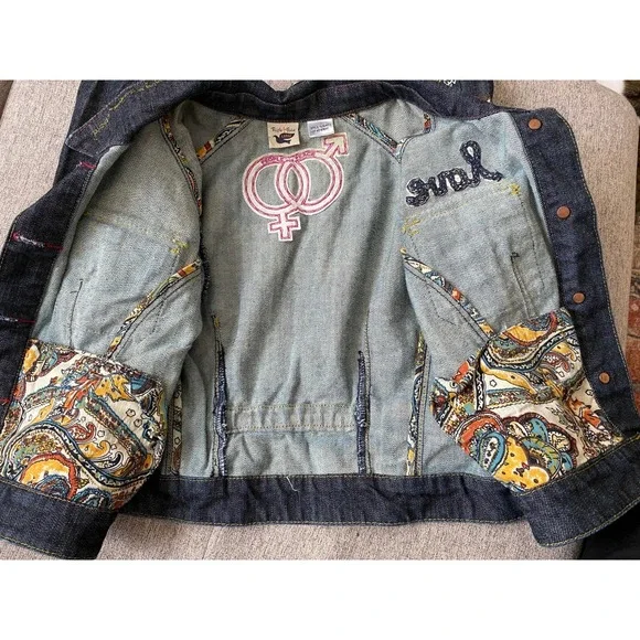 RARE! People 4 Peace Embroidered Denim Jacket, Large, Boho, Unique, Hippy, Y2K - Picture 7 of 12